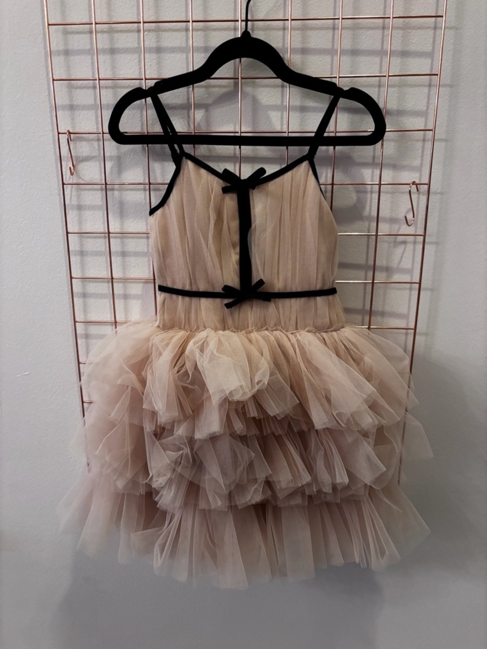 Pink Tulle Ruffle Mini Dress with Black Trim